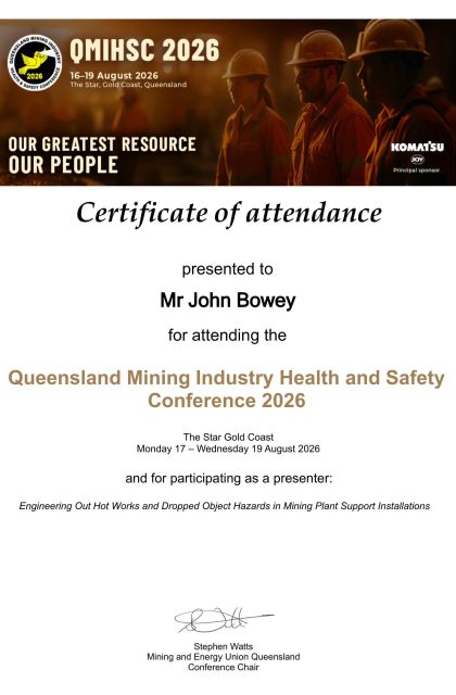 QMIHSC 2026 certificate recognising John Bowey as a conference presenter