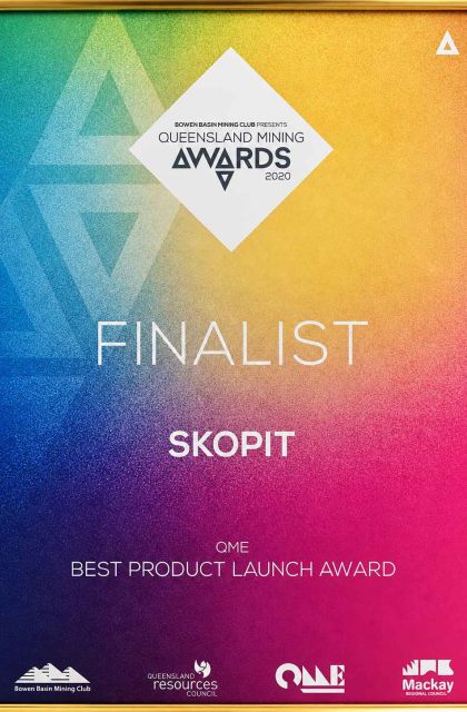 Skopit finalist certificate for the 2020 Queensland Mining Awards Best Product Launch Award